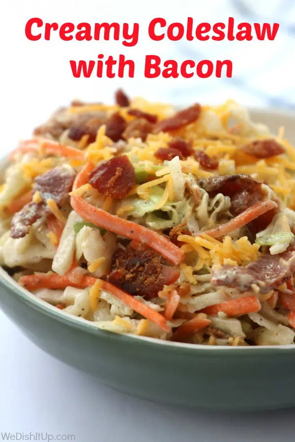 Creamy coleslaw in a bowl with text