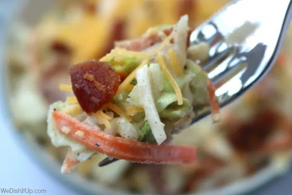creamy coleslaw on a fork