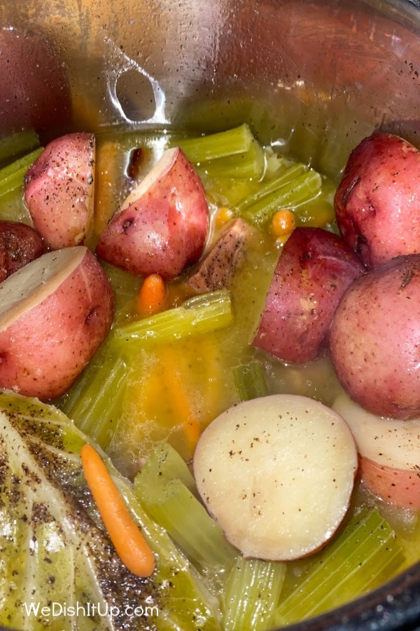 Instant Pot Ham and Cabbage Dinner is so easy to make. Ham, cabbage, potatoes, celery, and carrots all cooked with butter and chicken broth. You are going to love it.