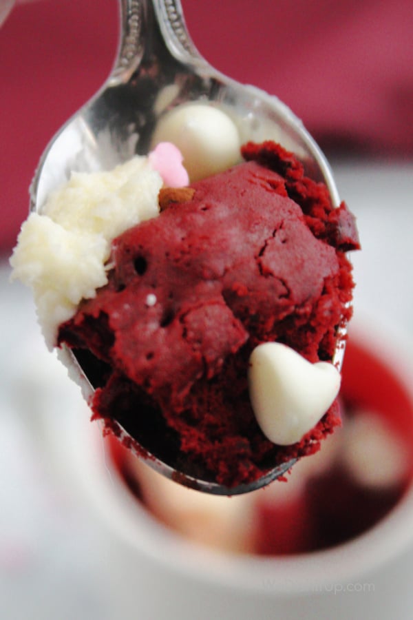 Mug Cake on Spoon with White Chocolate Chips 