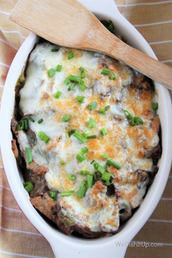 Easy Philly Cheesesteak Casserole with peppers and onions 