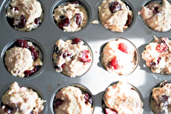 Cherry muffins going the oven.