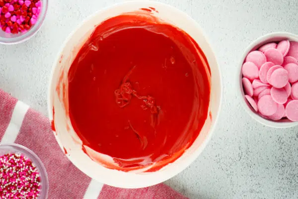 Red candy melts in bowl